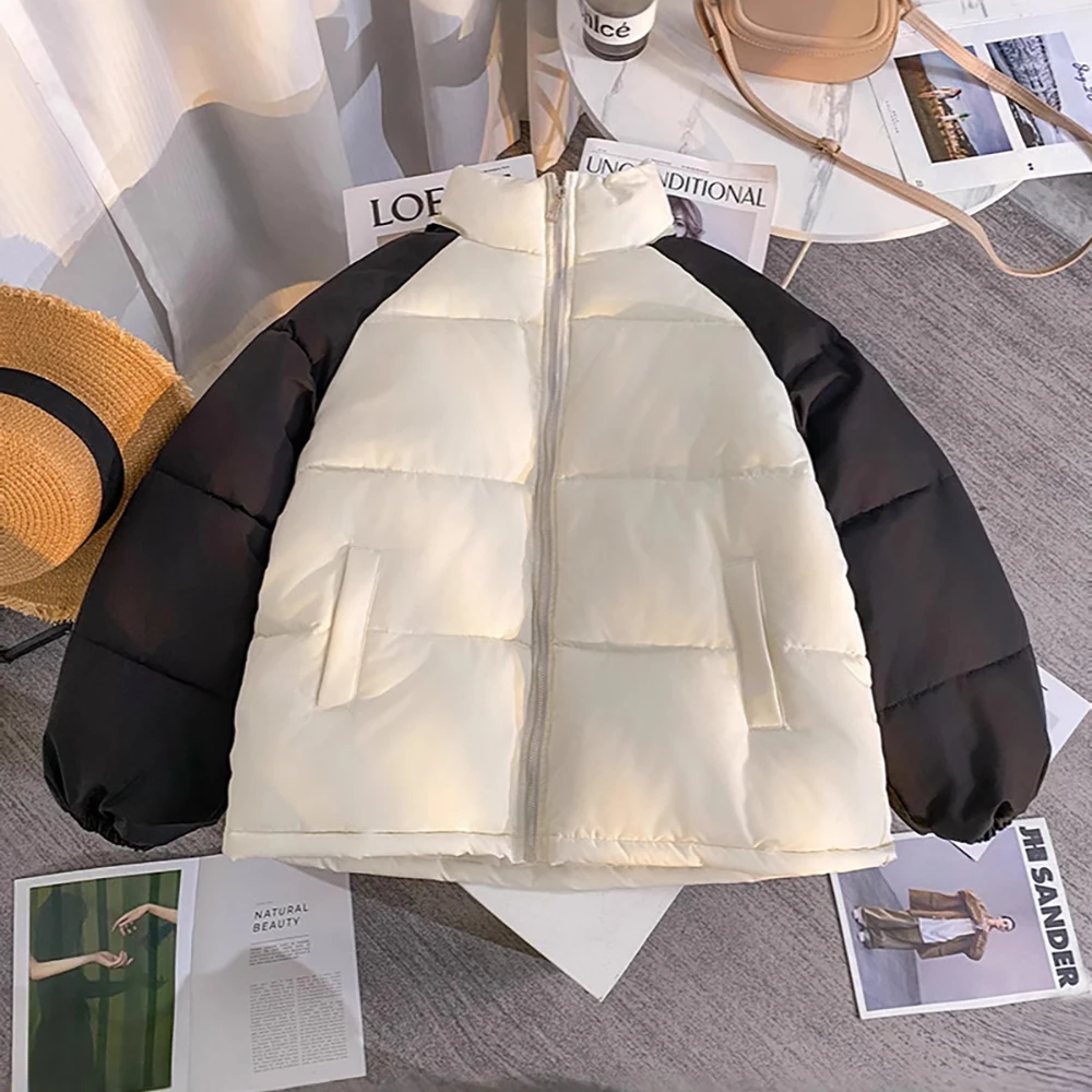 Mulheres inverno contraste cor casacos de algodão 2025 nova moda gola até pão jaqueta grosso quente algodão acolchoado parkas outerwear
