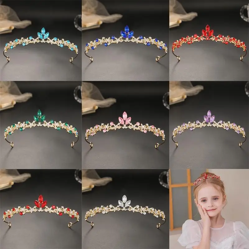 Shiny Rhinestone Leaf Crown Princess Style Girls Birthday Hair Headpiece for Pageant Cosplay Daily Wear