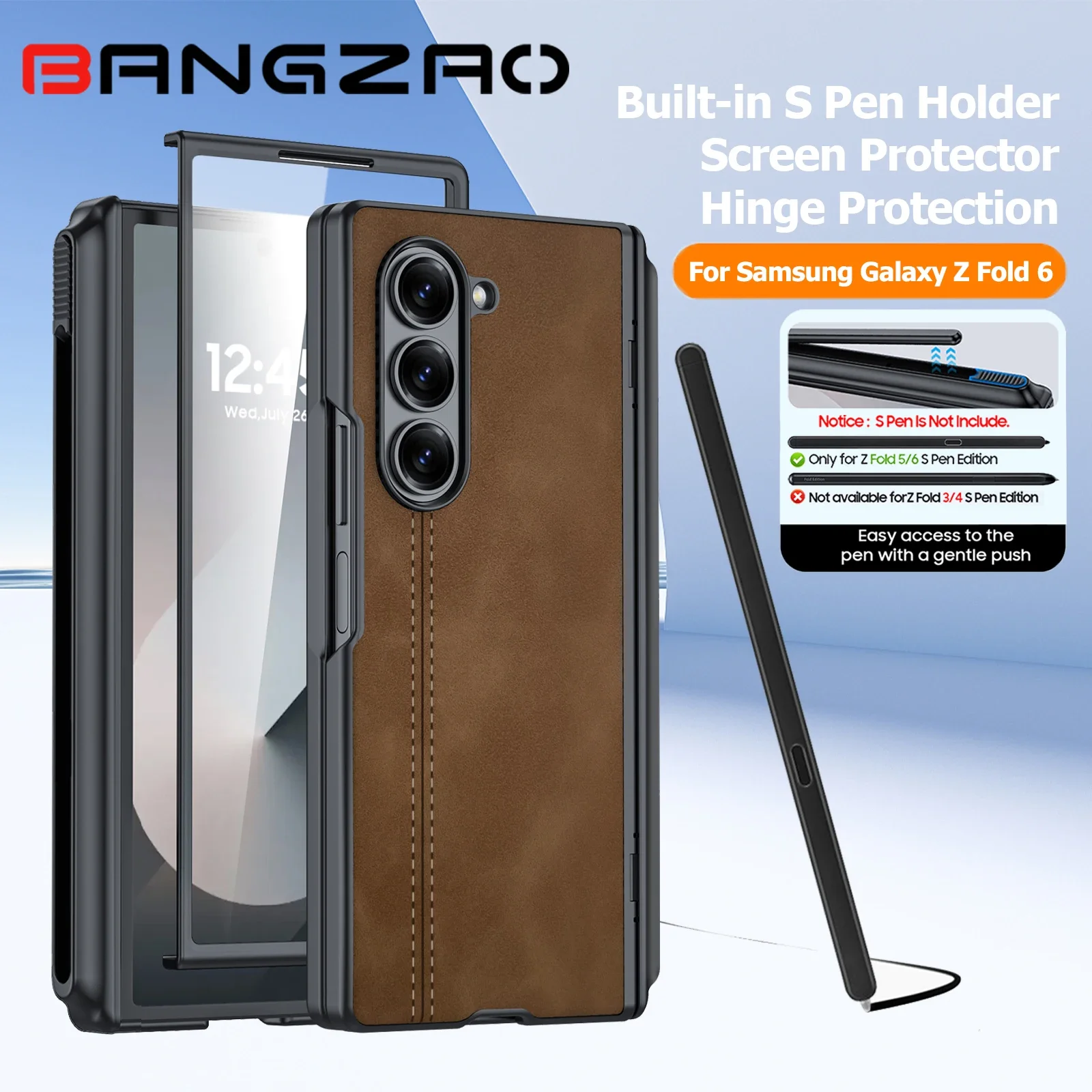 

С держателем S-ручки, для Magsafe, защита шарниров, защита экрана, матовый противоударный чехол из искусственной кожи для Galaxy Z Fold 6-коричневый