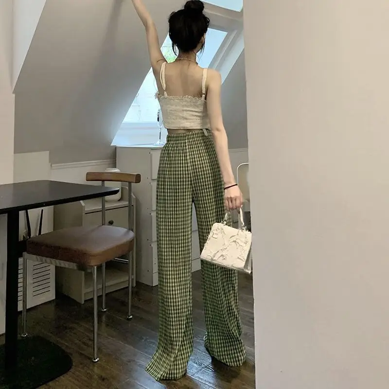 Versatile Women's Printed Checkered Wide-Leg High-Waist Draping Floor-Length Pants New Loose Pleated Casual Straight-Leg