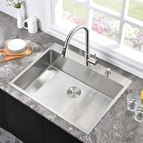 

Top Mount Stainless Steel Kitchen Sink 31x20 Inch Single Bowl Deep Basin With Integrated Cutting Board