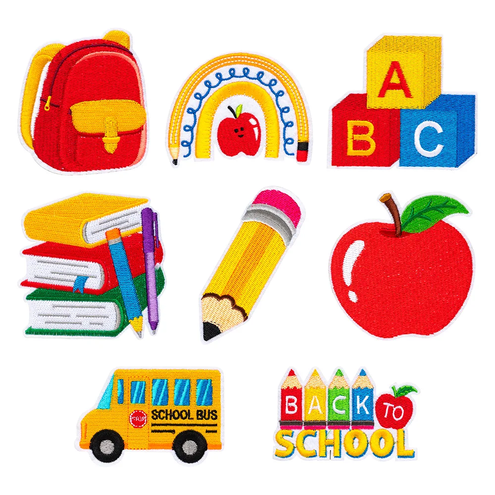 School Supplies Series Embroidered Patches Book Pencil Pattern Iron On Patches For Kids Clothing Bags Hats Decoration