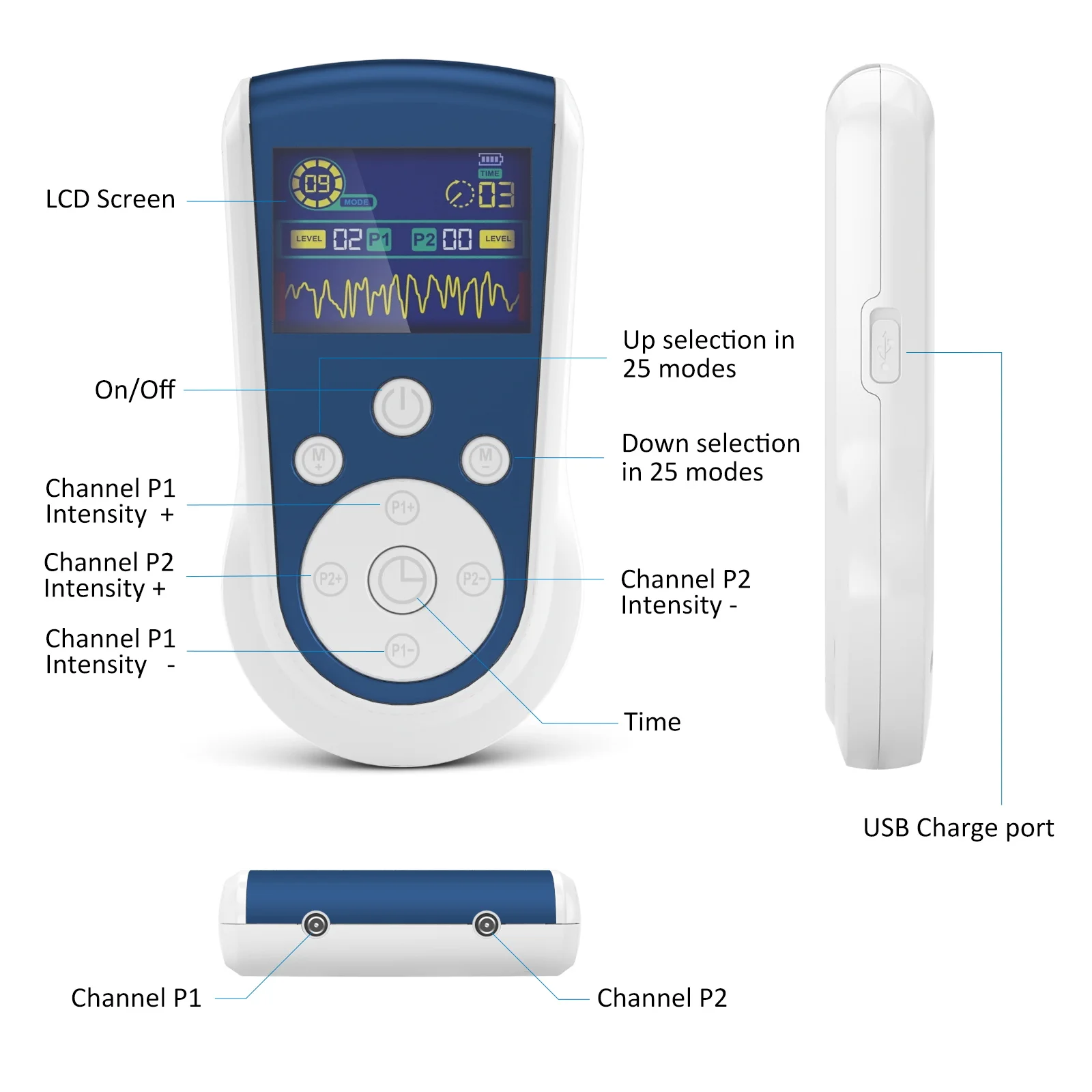 Dual Channel TENS Unit with 4pcs Electrode Pads Electric Pulse Massager 25 Modes Body  Care  Massager for Pain Relief