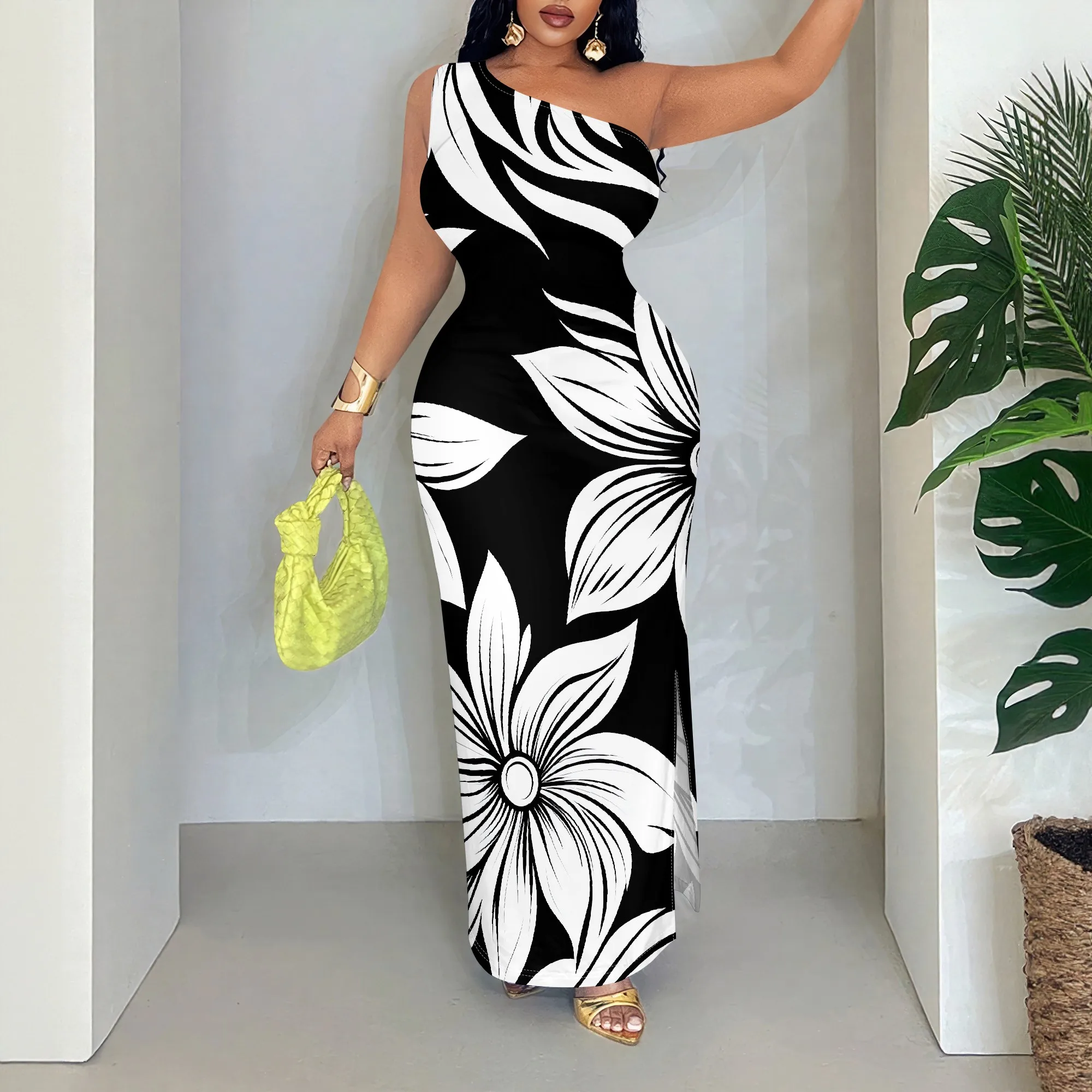 

Bold Print, One Shoulder Dress, Sleeveless Floral Maxi, Ruched Bodycon Gown, Summer Party Wear, S-2XL