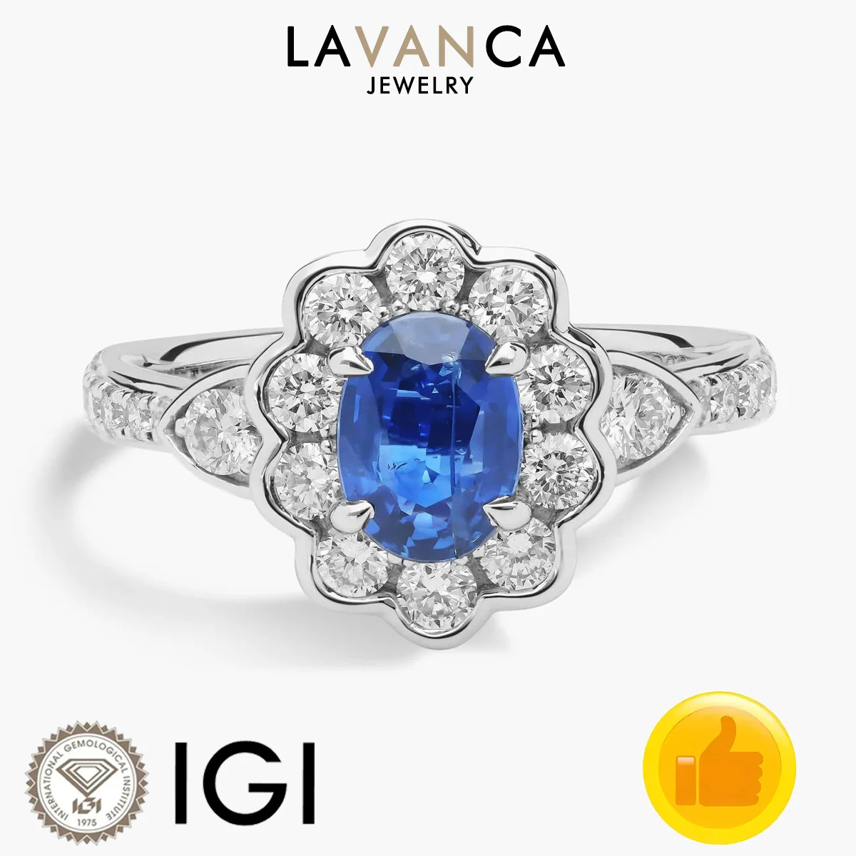 

9K/14K/18K White Gold Lab Sapphire Diamond Ring Flower Shaped Lab Oval Sapphire and Round Diamond Engagement Ring Fine Jewelry
