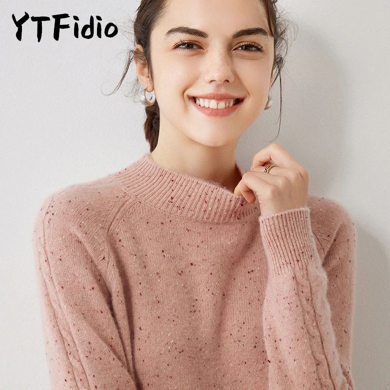 YTFidio 100% Cashmere Women Half High Collar Color Dots Knit Tops Loose Pullovers Jumper Soft Warm Sweater Streetwear 30