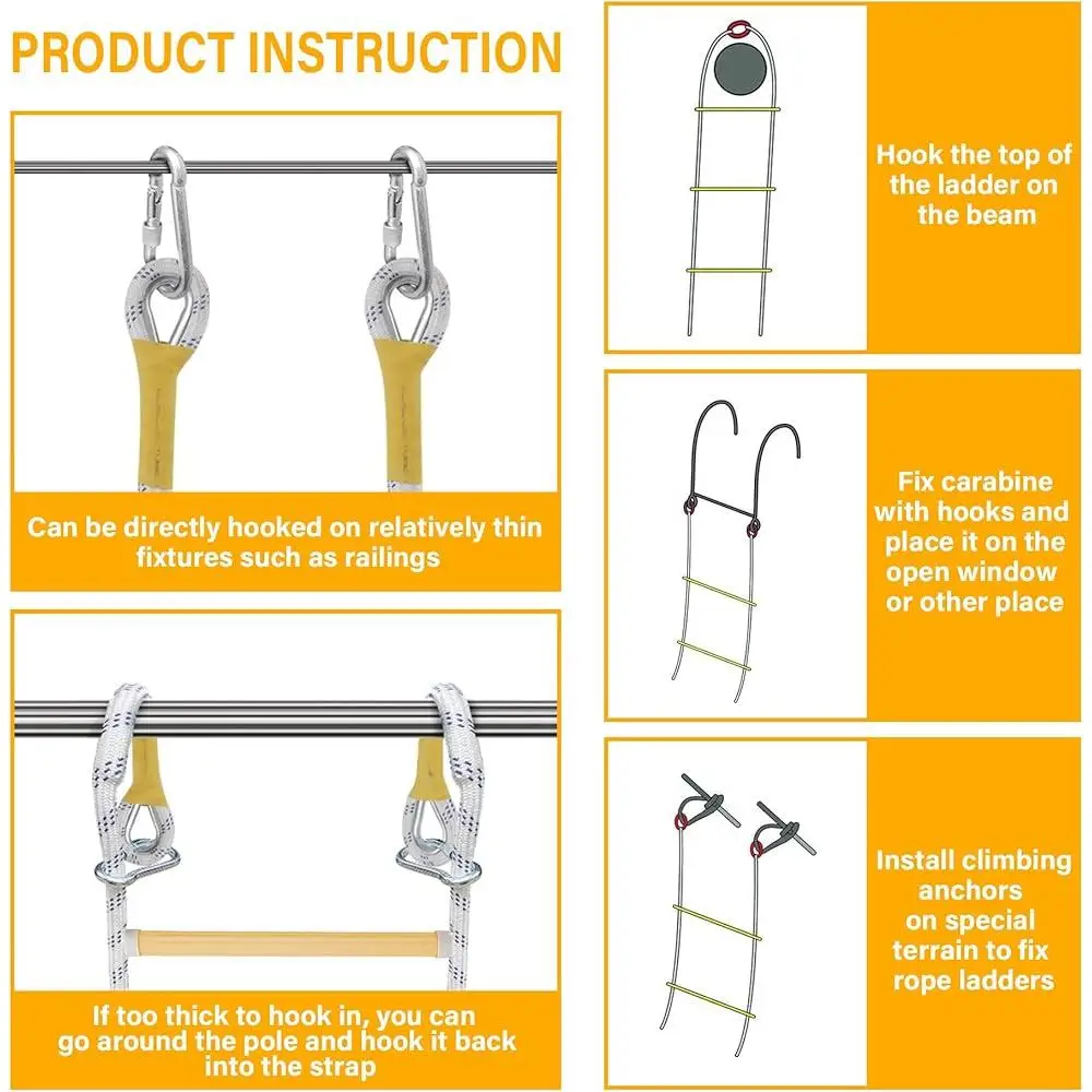 Emergency Fire Escape Ladder Flame Resistant Safety Rope 2 Hooks Compact Portable Reusable High Load Capacity Home Office School