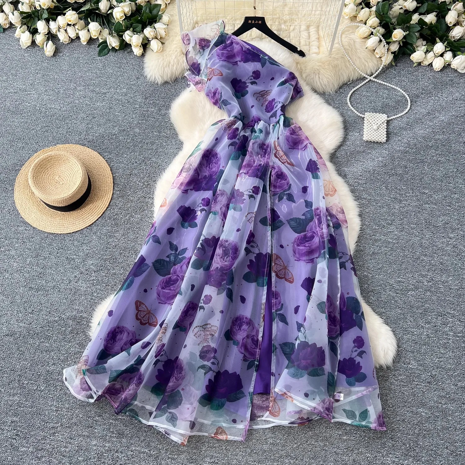 

Summer Gorgeous Flower Organza Dress Women's One Shoulder Bowknot Floral Print High Waist Bohemian Long Split Robe Vestidos