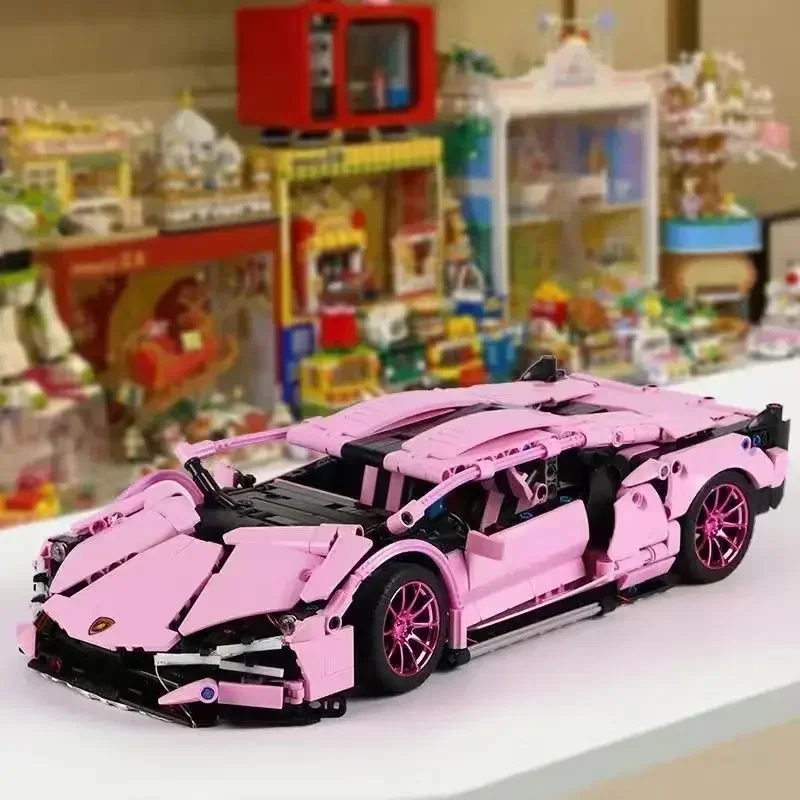 1280PCS Technical 1:14 Pink Lambo Super Sports Car Building Blocks MOC City Speed Vehicle Assemble Bricks Toys For Kids Boys