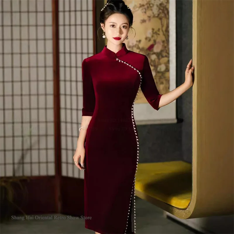 

Plus Size 3XL-6XL Velvet Female Cheongsam Chinese Dress Elegant Sexy Slim Qipao Hanfu Dress Novelty Vestidos Evening Party Gown