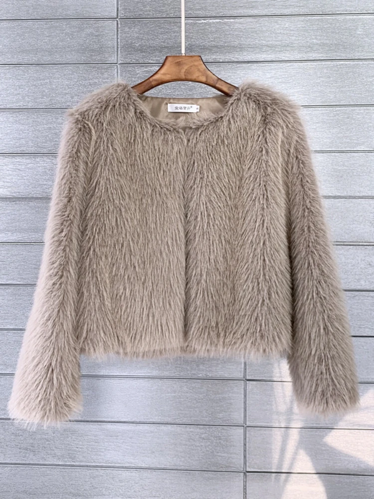 Women Imitation Faux Fur Coat Solid Color Plush Warm Jacket Loose Slim Fit Long Sleeve Thick Cardigan High Street 2024 Autumn