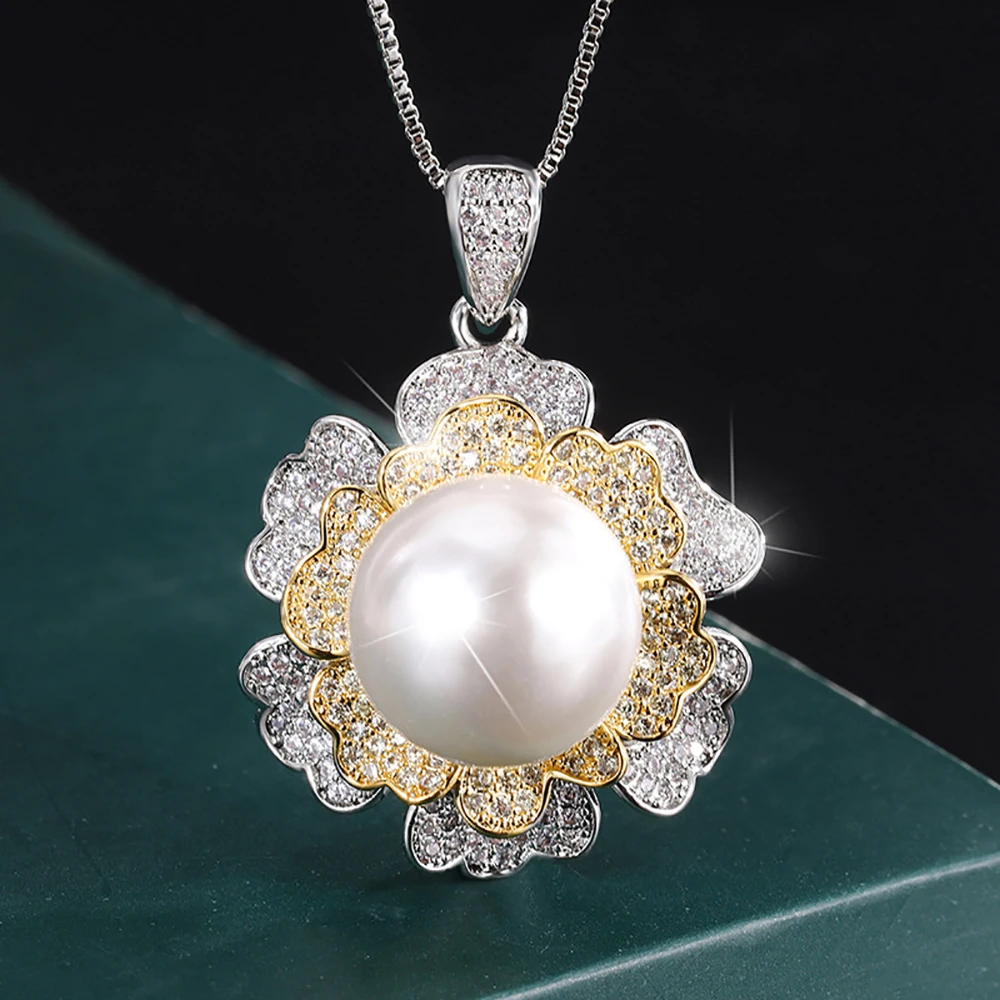 KNRIQUEN Charm 14mm White Gold Big Pearl Pendant Necklace for Women Lab Diamonds Anniversary Gift Party Fine Jewelry Accessories