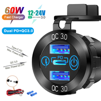 12V/24V 60W Dual QC3.0 USB Car Fast Charger Socket PD C Type Power Outlet Adapter with touch switch for Car Motorcycle Marine RV