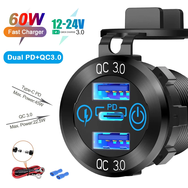 60W 12V/24V Outlet USB C Car Charger Socket Cigarette Lighter PD & 18W QC3.0 with Touch Switch for Car Boat Marine RV Motorcycle