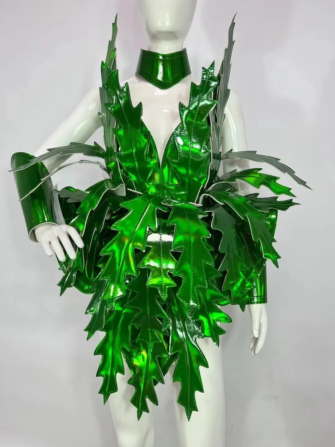 Green Laser Leather Leaf Armor Performance Suit Male Female Singer Stage Dance Gogo Party Exaggerated Design Christmas Clothing