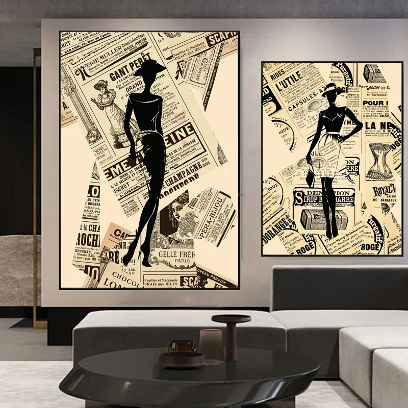 الرجعية امرأة الموضة قماش اللوحة خمر الجدار ملصق فني طباعة صورة لغرفة المعيشة ديكور المنزل الداخلي كوادروس #1