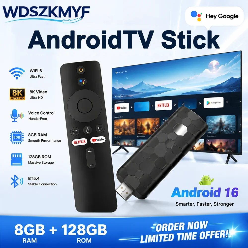 WiFi6 Android 16 TV Stick 4K/8K Ultra HD Media Player Bluetooth Smart TV Box with Voice Remote Fast Smooth for Netflix YouTube