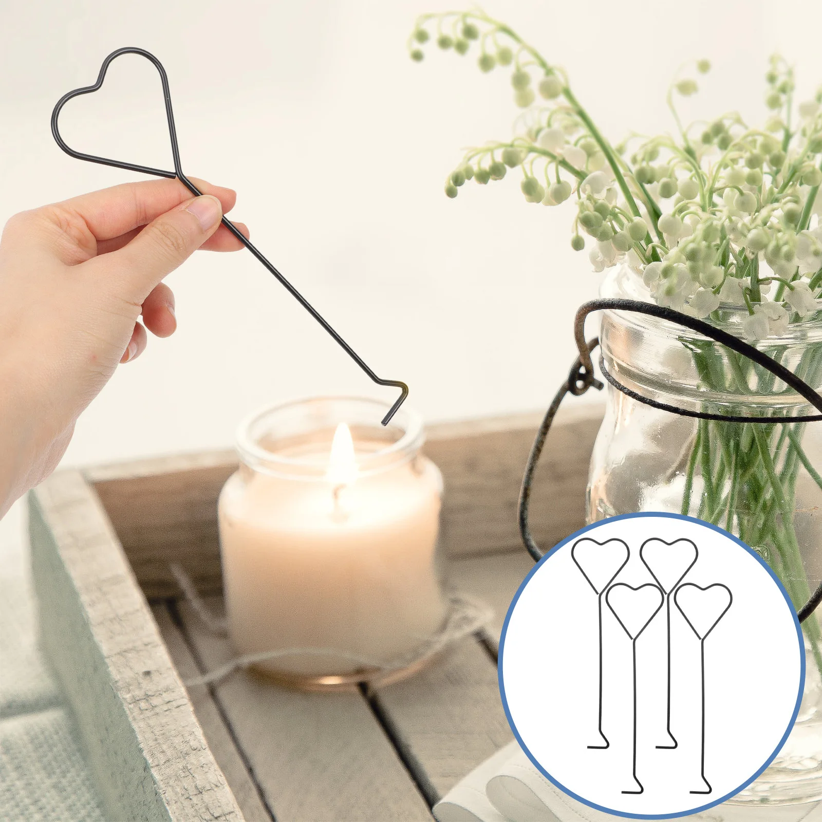 4 قطعة خطاف الفتيل تصميم القلب الحديد مقبض طويل الفتيل قحافة لإطفاء آمنة الروائح الشموع طفاية