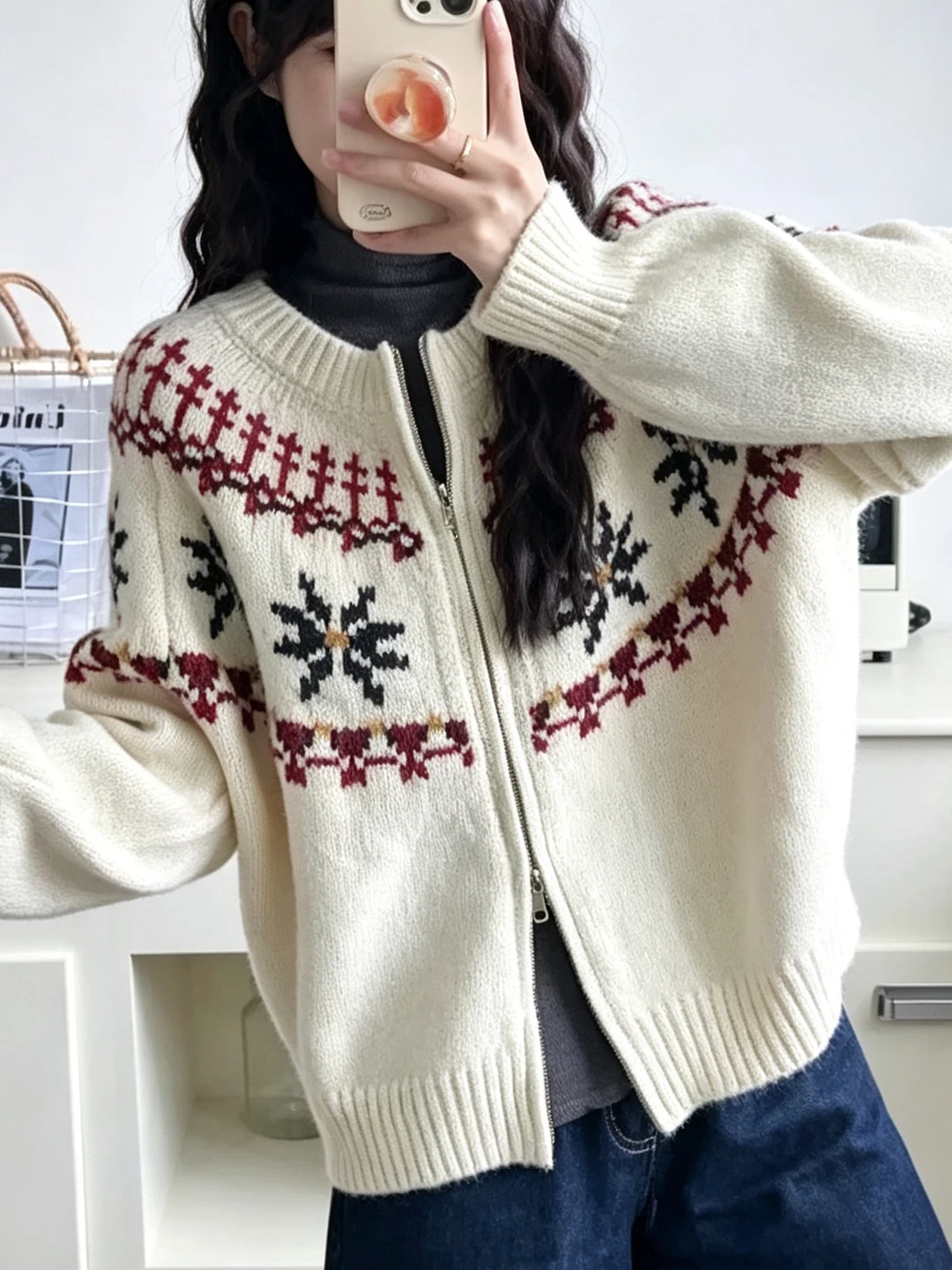 Women's Chic Long Sleeve Knitted Sweater Retro Fair Isle Pattern Loose Versatile Casual Style Polyester Fiber round Neck Top