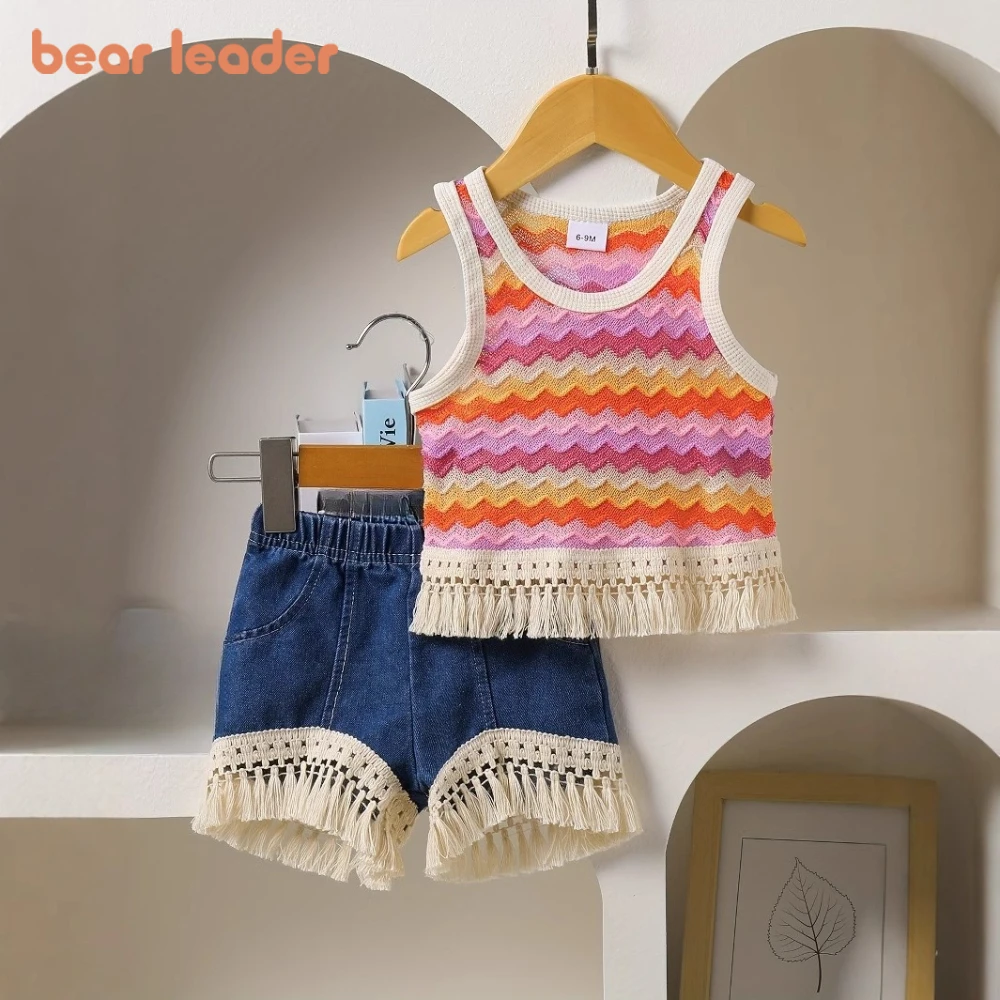 Bear Leader New Summer Girls Clothing Korean Version Fashionable Sweet Round Neck Sleeveless Colorful Striped Fringe Top+shorts