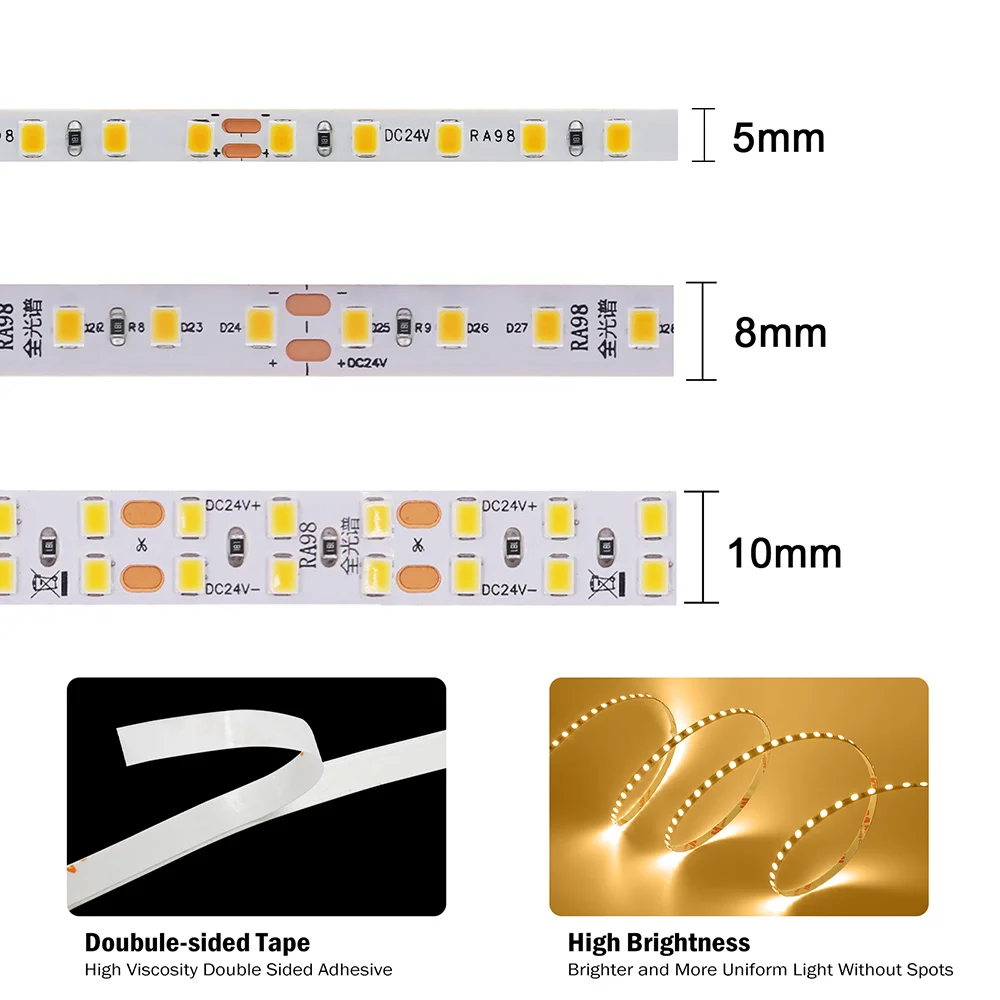 شريط إضاءة LED RA98 5 مللي متر 8 مللي متر PCB 5 متر 10 متر 24 فولت 2835 120 240 المصابيح شريط لاصق مرن 2700K 3000K 3500K 4000K 5000K 6000K ديكور