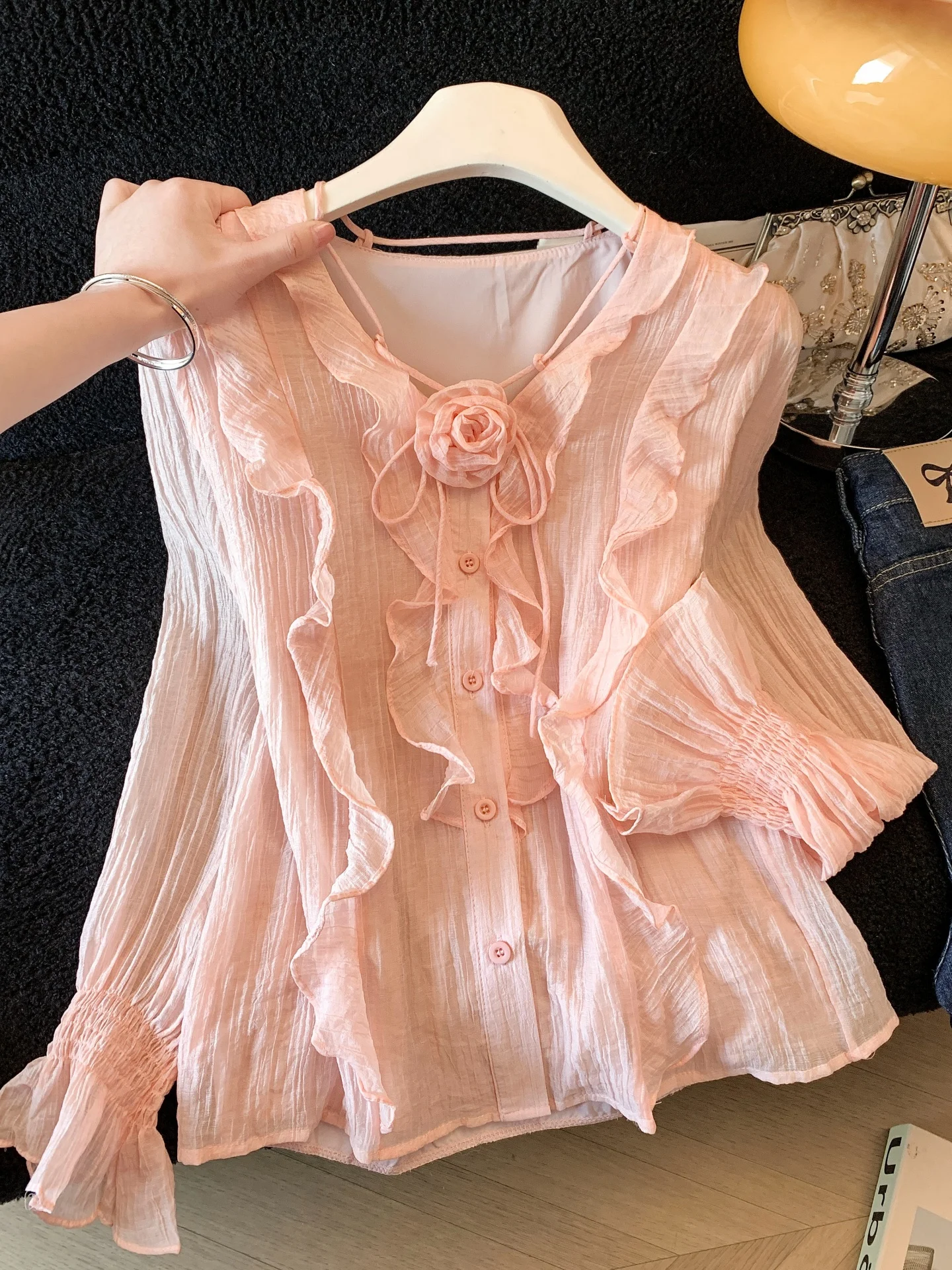 

Sweet Elegant Long Sleeve V-Neck Women's Shirt Spring Fashionable Floral Print Chic Top Korean Style Bell Sleeve Casual Wear