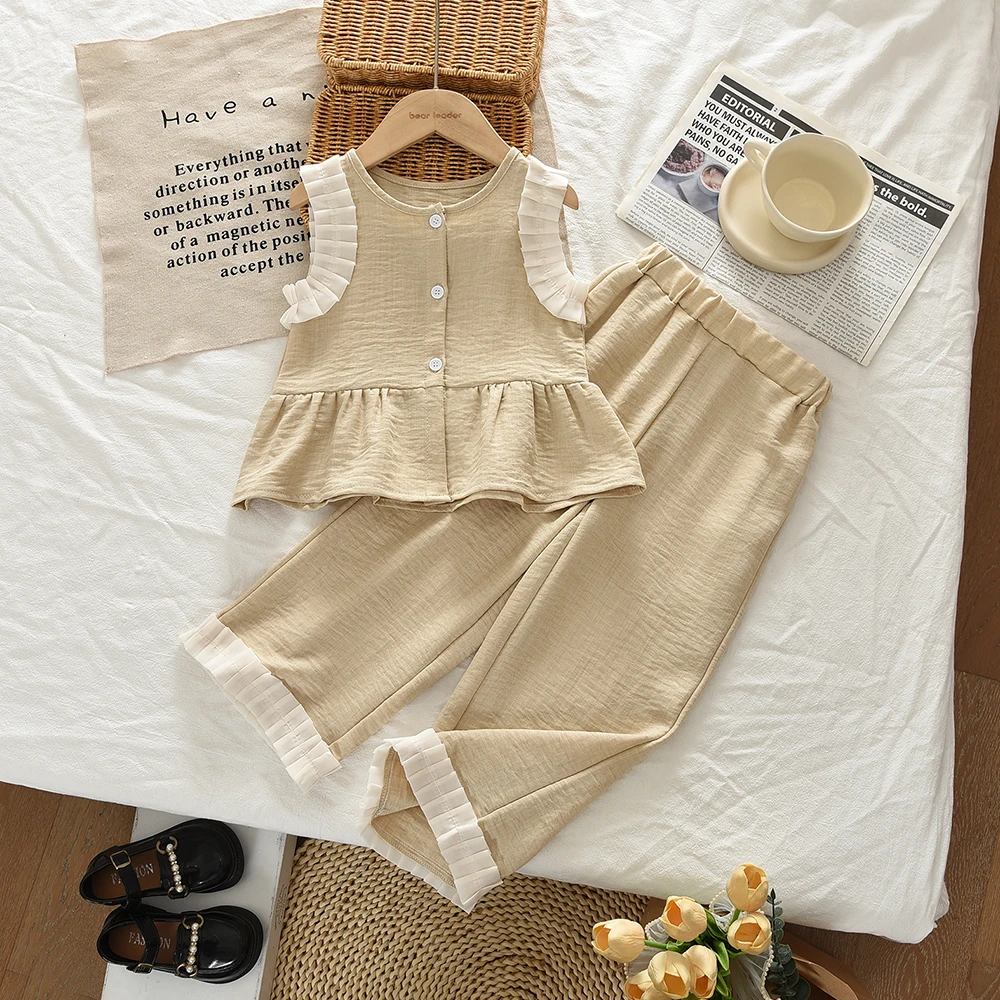 1-10 Years Old Girls' Summer Clothes Korean Version Children's Clothing 2026 Color Blocked Sleeveless Lace Top+Pants Child Sets