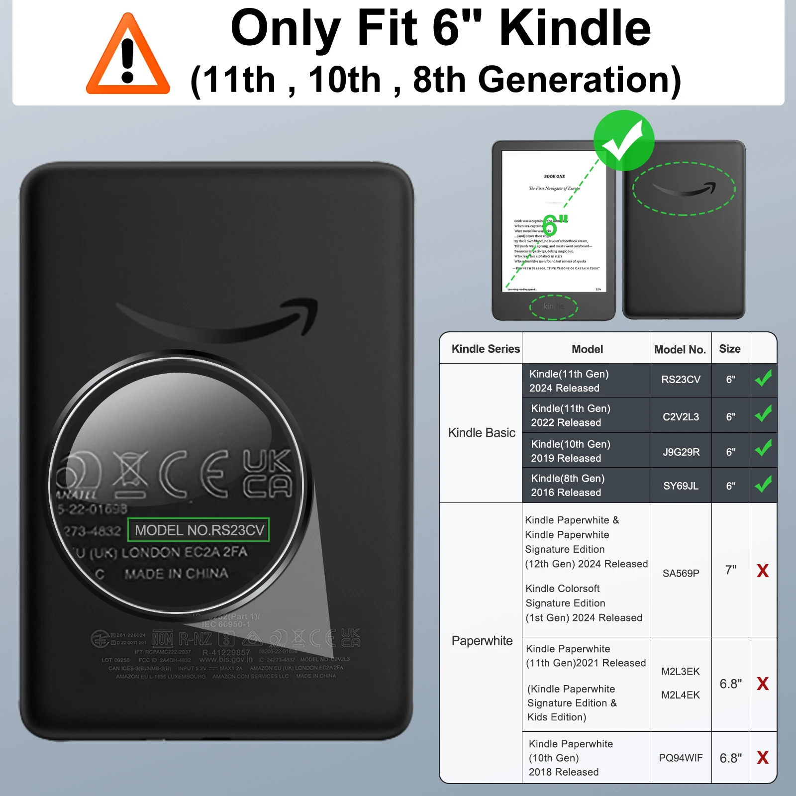 For Kindle 11th Generation 2024 Case 6'' Ultra Lightweight PU Shell Cover for Kindle (10/8th Gen,2019/2016) with Auto Wake/Sleep
