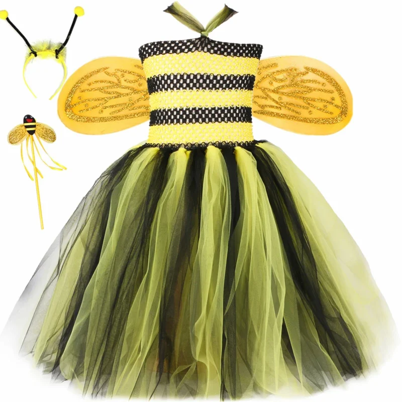 Little Bee Costume for Girls Fancy Party Tutu Dress Up Kids Halloween Carnival Purim Honeybee Costumes with Fairy Wings Headband