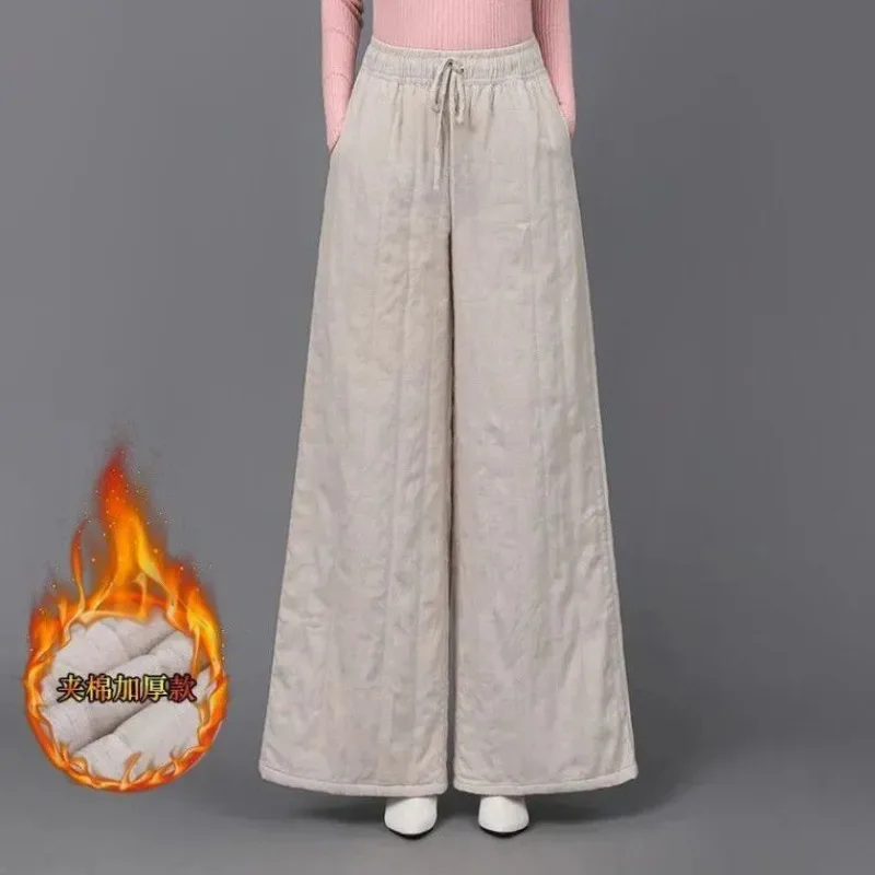 

Женские утепленные хлопковые брюки: Новинка осени-зимы, эластичный пояс, ретро-стиль, свободные, утолщенные, прямые, повседневные, теплые, широкие штанины