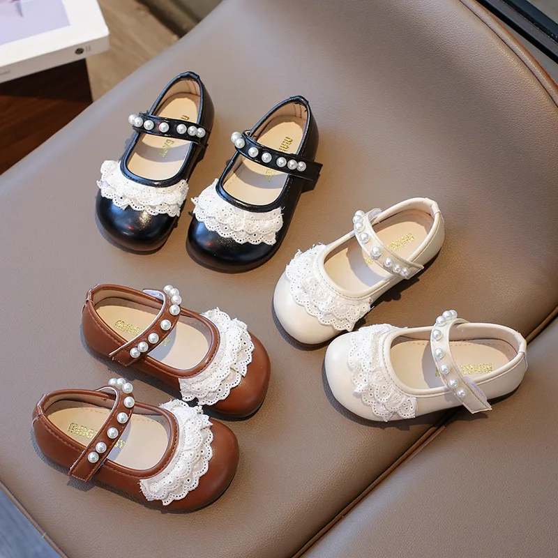 Exquisite Girl Shoes Versatile Fashion Sweet Princess Shoe Lace Pearl Leather Shoes Temperament Kid Shoe Classic Elegant Sandals