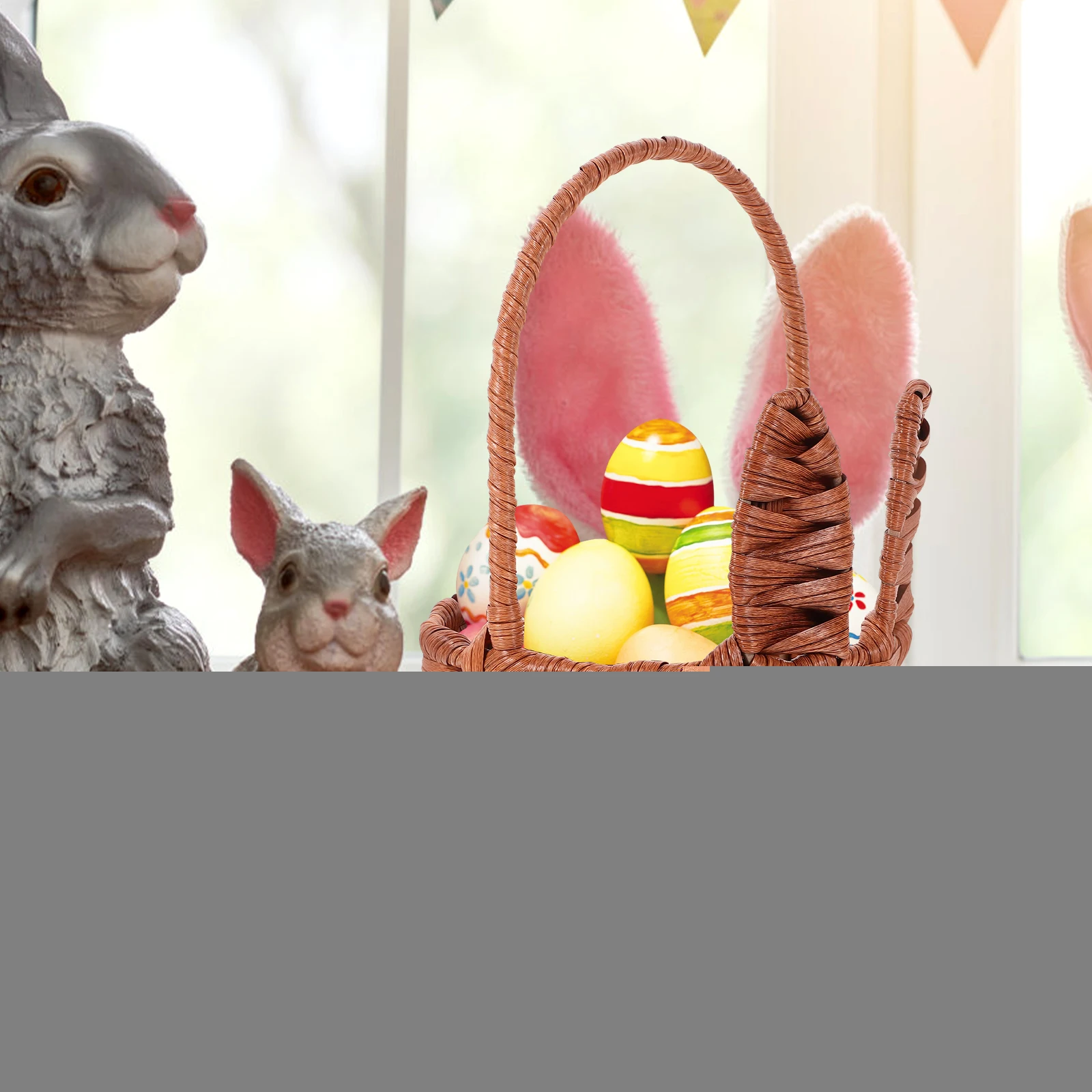 

Easter Bunny Woven Basket Decorative Flower Basket Round Small Size Portable Handle Storage Decorative Picnic Fruit Gift