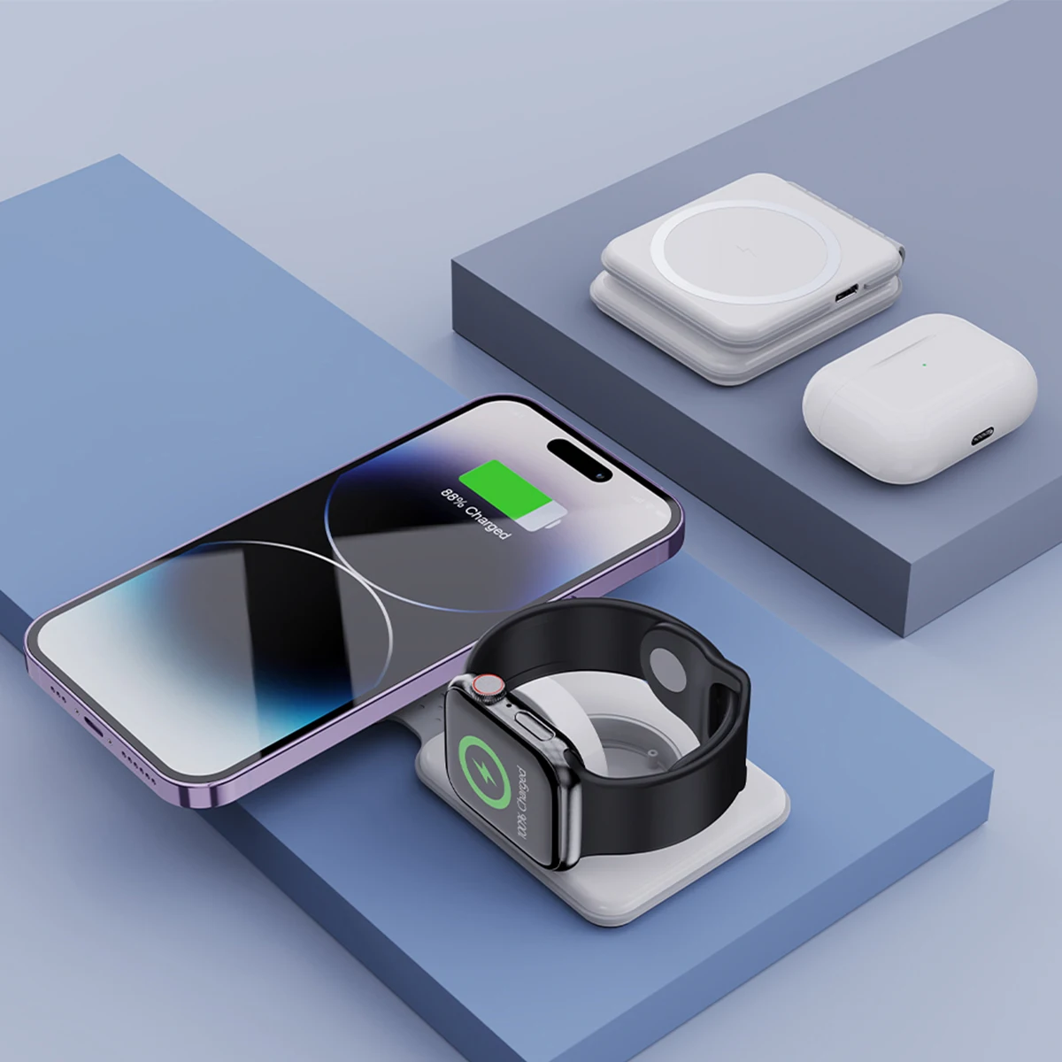 A white foldable 2-in-1 wireless charger suitable for iPhone 15/14/13/12/apple watch 9/8/7/6/5/airpods