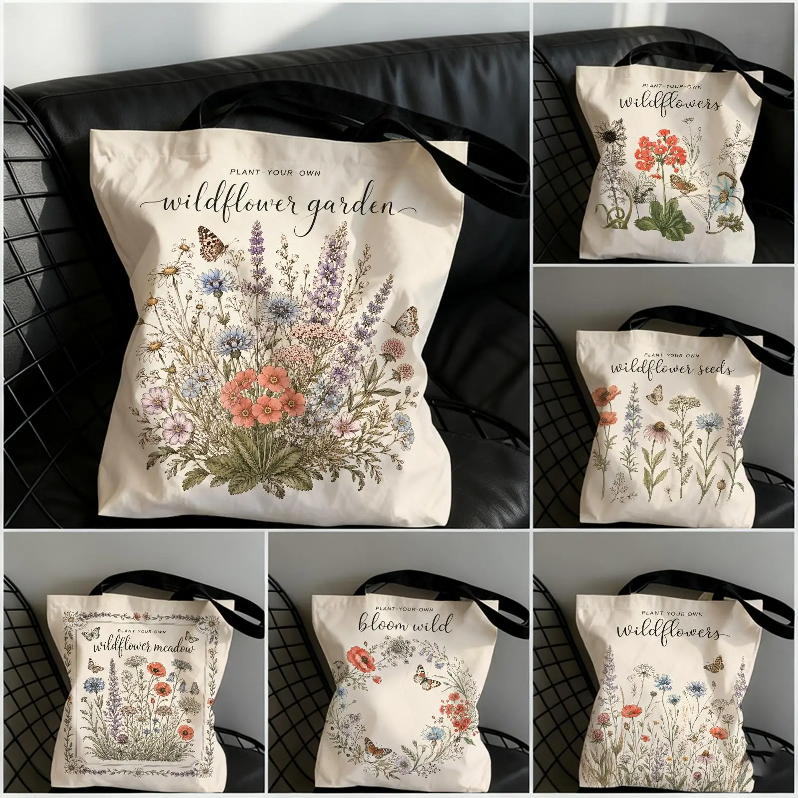 Floral and Butterfly Pattern Storage Bags Large Capacity Canvas Tote Bag Double-Sided Print Shoulder Handbag for Daily Shopping