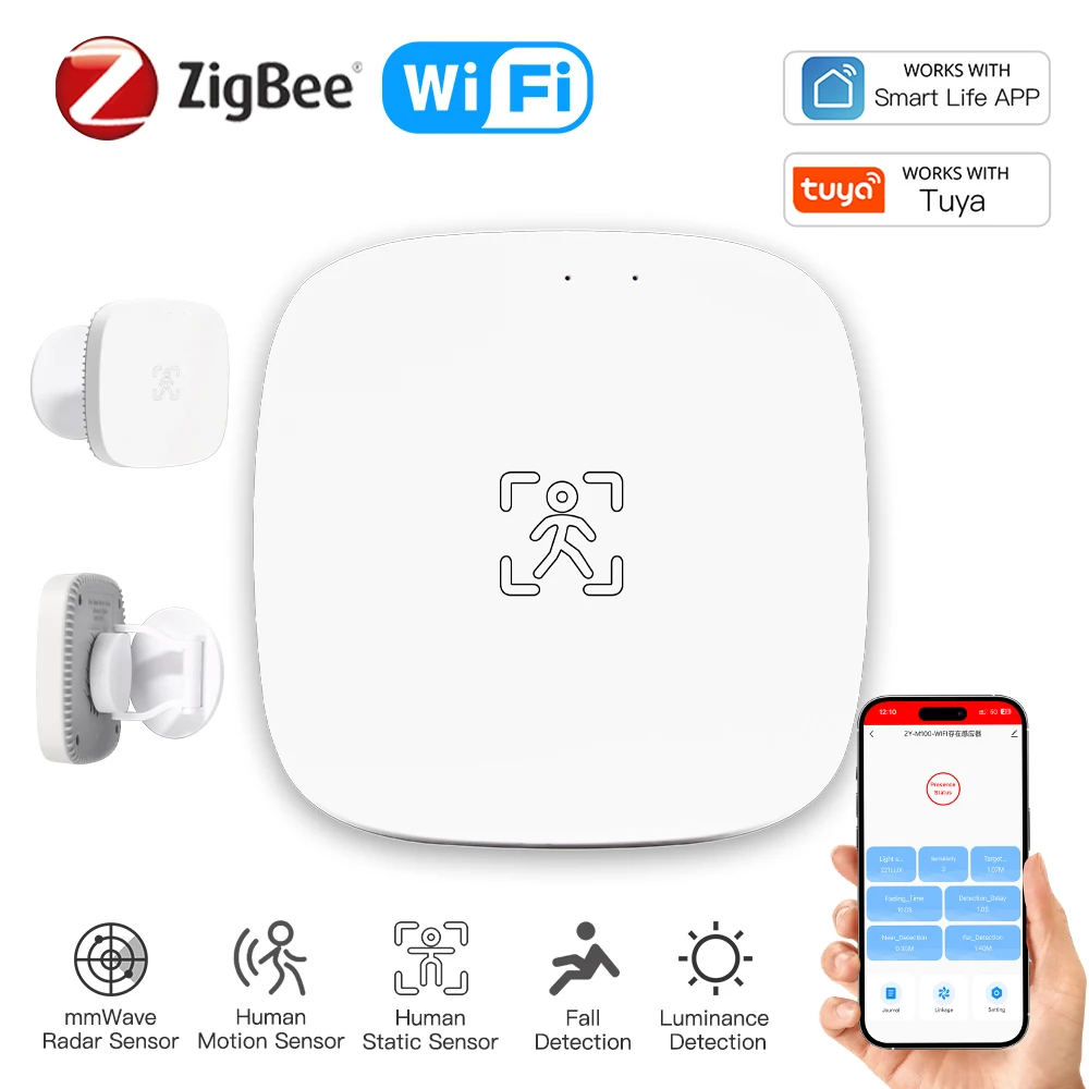 Tuya Zigbee WiFi Human Presence Sensor 5.8G 24G MmWave Radar Motion Sensor Detector For Light Luminosity Distance Detection