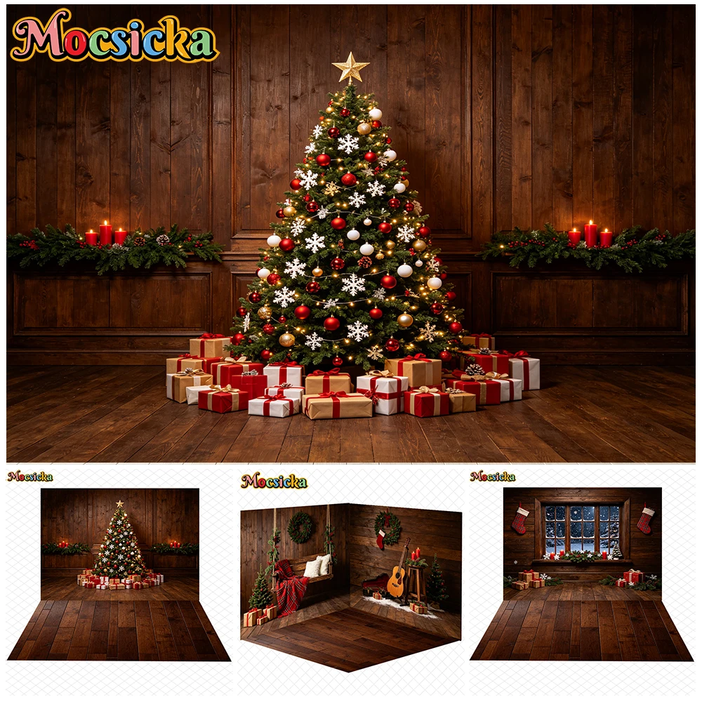 Mocsicka Weihnachtsbaum-Fotohintergrund, Holzwand, Familien-Fotohintergrund für Feiertage, Wohnzimmer- und Schlafzimmerdekoration, Banner