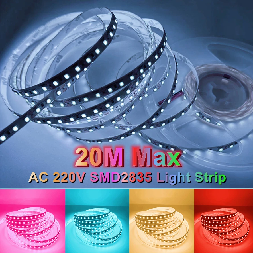 

AC220V Colorful SMD2835 20m LED Strip Home TV Background Staircase Decoration Flexible Lamp Strip with Adhesive Backing 120LED/m