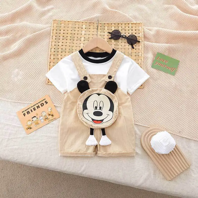 Summer Baby Boys Girls Rompers Newborn Short Sleeve T Shirt + Brace 2 Pcs Sets Cartoon Mickey Mouse Infant Cotton Kids Jumpsuits