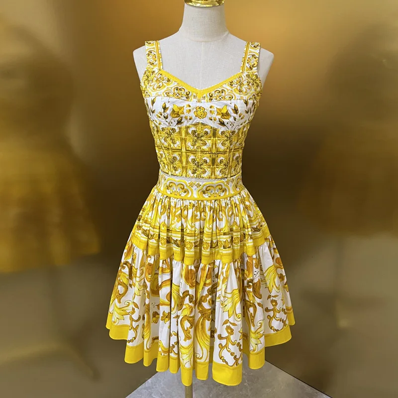 

HIGH QUALITY Italian Tiles Women Yellow Porcelain Print Cotton Corset Top and Mini Skirt Set Summer Dress 2024