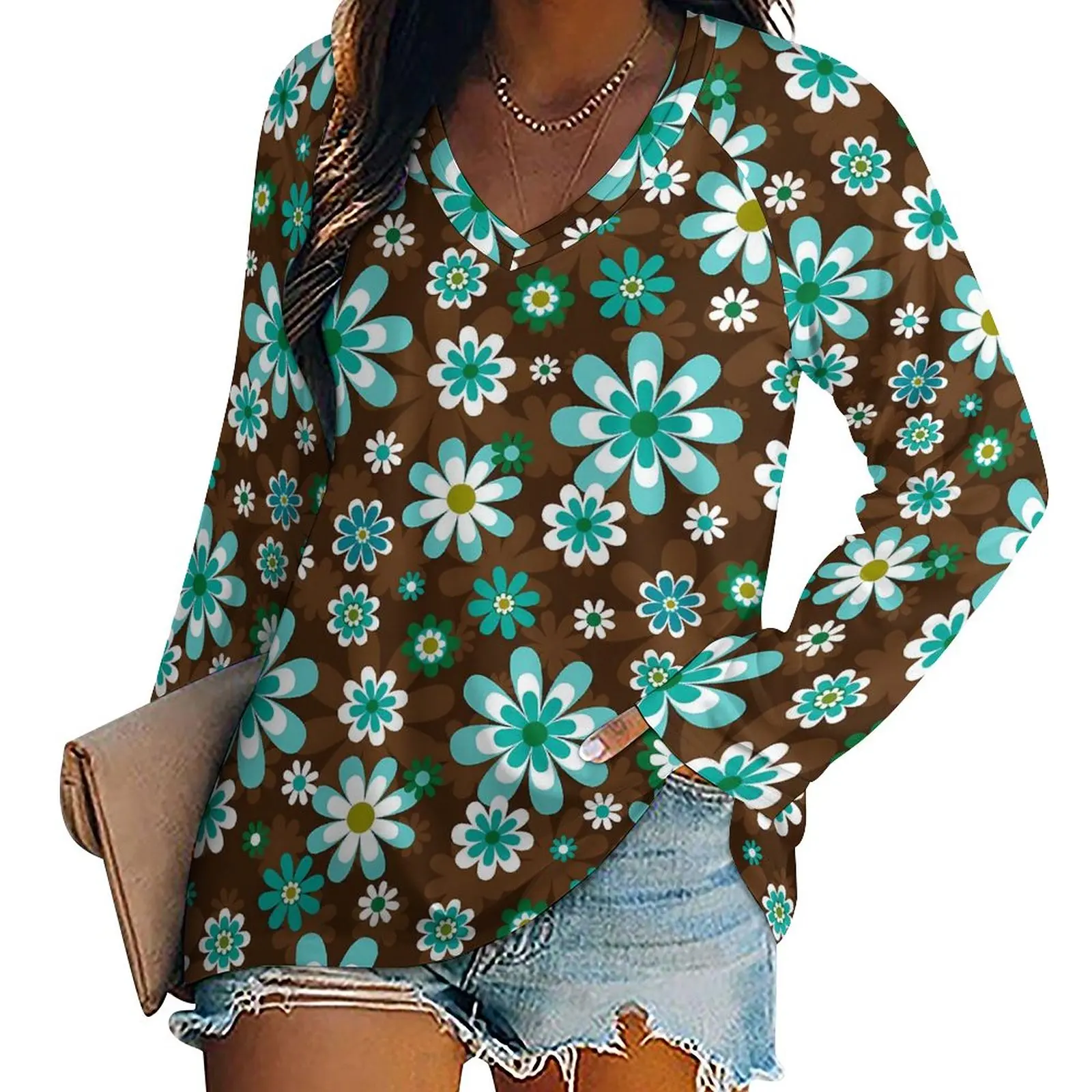 Retro Mod Flowers T Shirts Brown and Blue Y2K T Shirt Womens Long Sleeve Streetwear Tops Oversized V Neck Design Top Tees