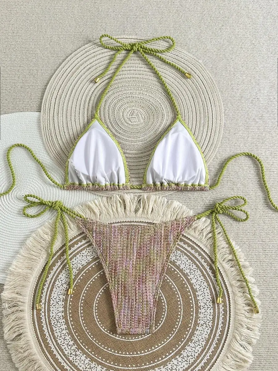 

Boho Crochet Knit Bikini Set Women Halter Top With Fringe Bottom