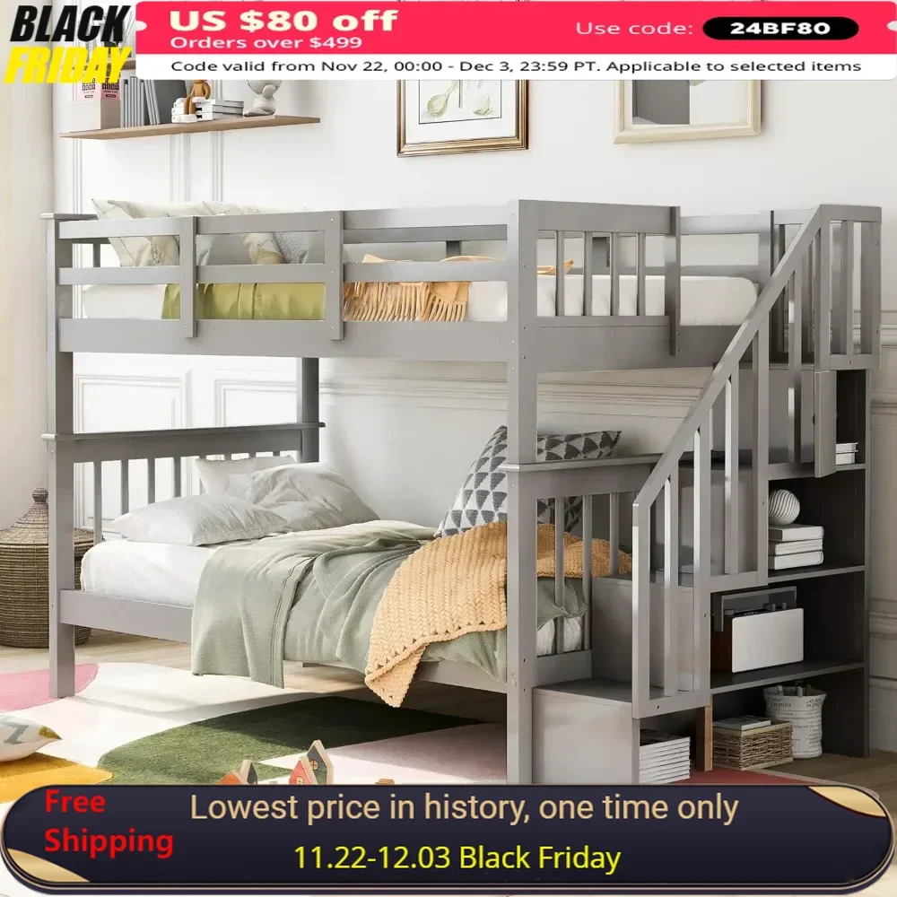 Twin Bunk Bed ,with Stairs, with Storage and Guard Rail for Bedroom, Dorm, for Kids, Teens, Adults ,Solid Wood Bunk Bed Frame