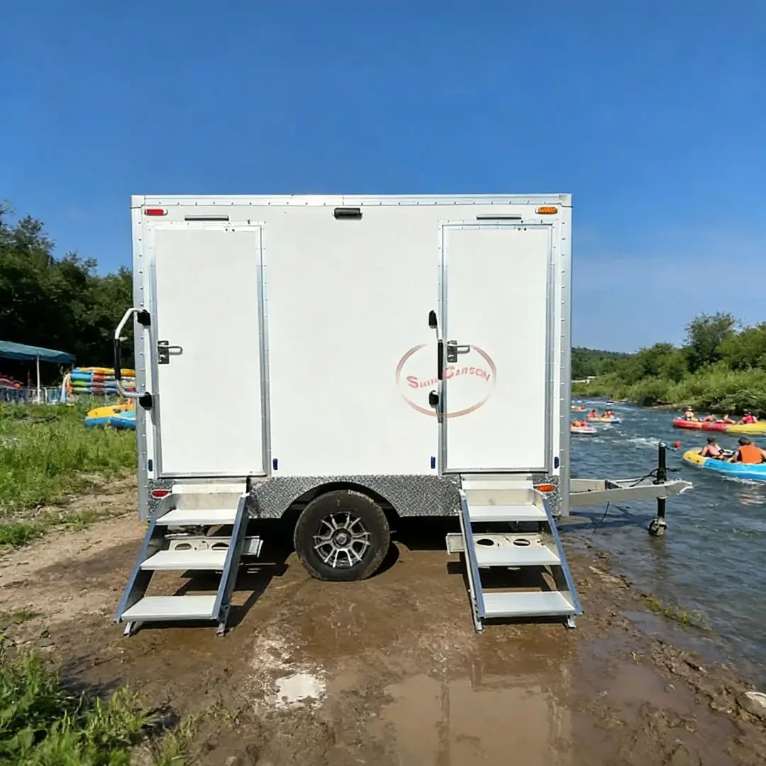 

Portable Trailer-Mounted Bathroom Unit with Self-Contained Toilet Vanity for Camping Wedding Temporary Use