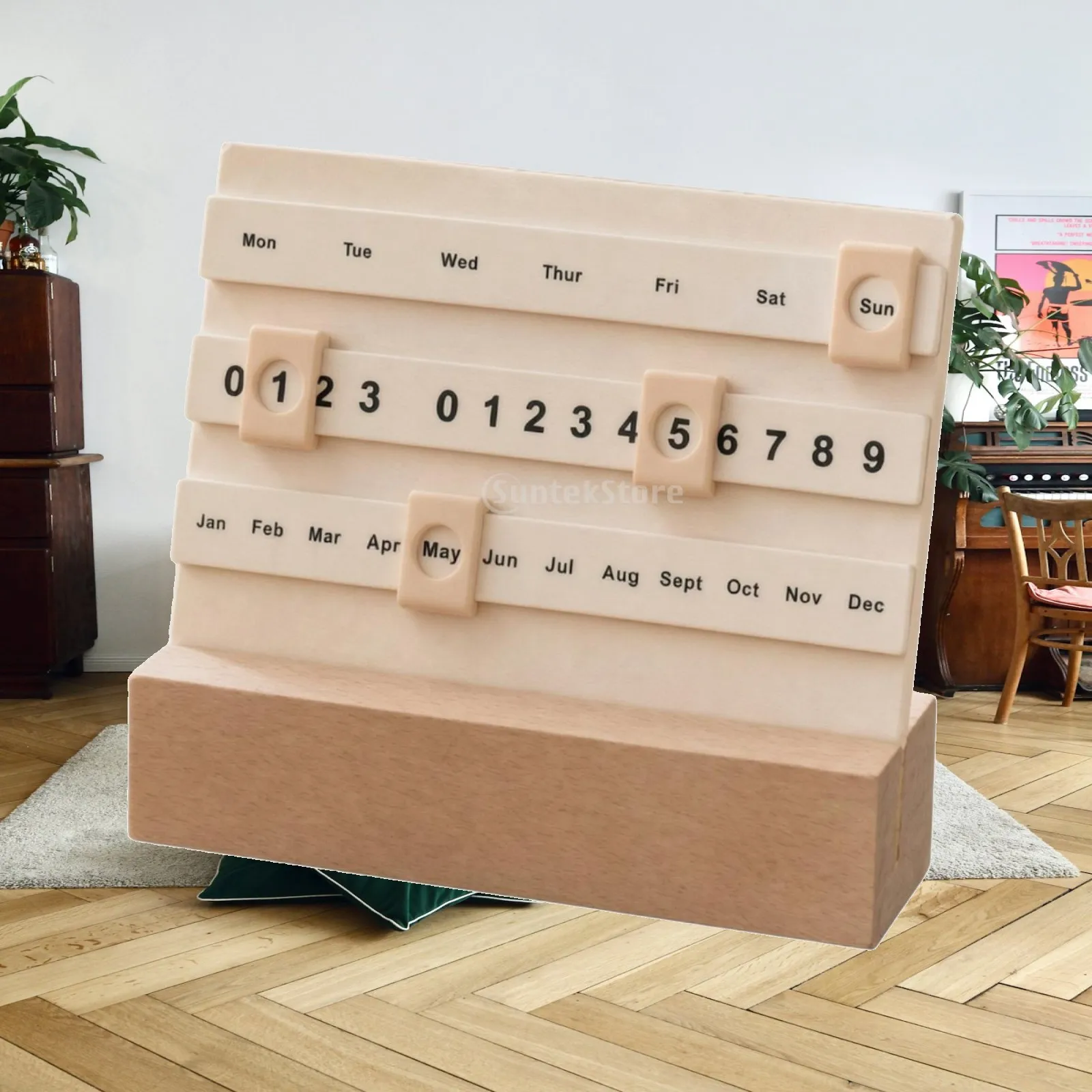 Wooden Perpetual Calendar Functional Perpetual Desk Calendar Sliding Date Tracker Compact Stable for Minimalists, Study Area