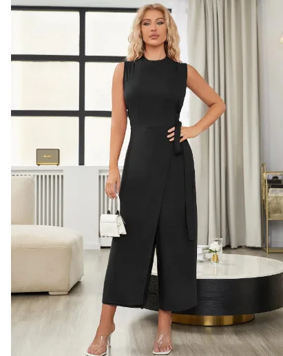 

Women's Elegant Jumpsuit 2024 Spring Fashion Trend Solid Color Round Neck Sleeveless High Waist Lace Up Straight Tube Jumpsuit