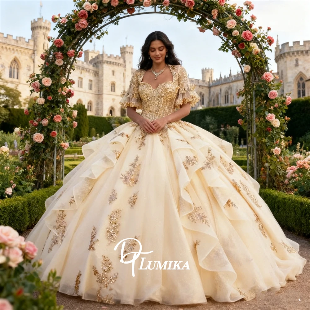 

Princess Sweet 15 Dresses for Women, Gold Beaded Appliques Quinceanera Flare Sleeves Ball Gown Party Dresses Coming of Age Dress