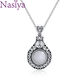 Natural Moonstone Pendant Necklace S925 Silver Vintage Pendants Retro Women's Fine Jewelry Anniversary Party Gift