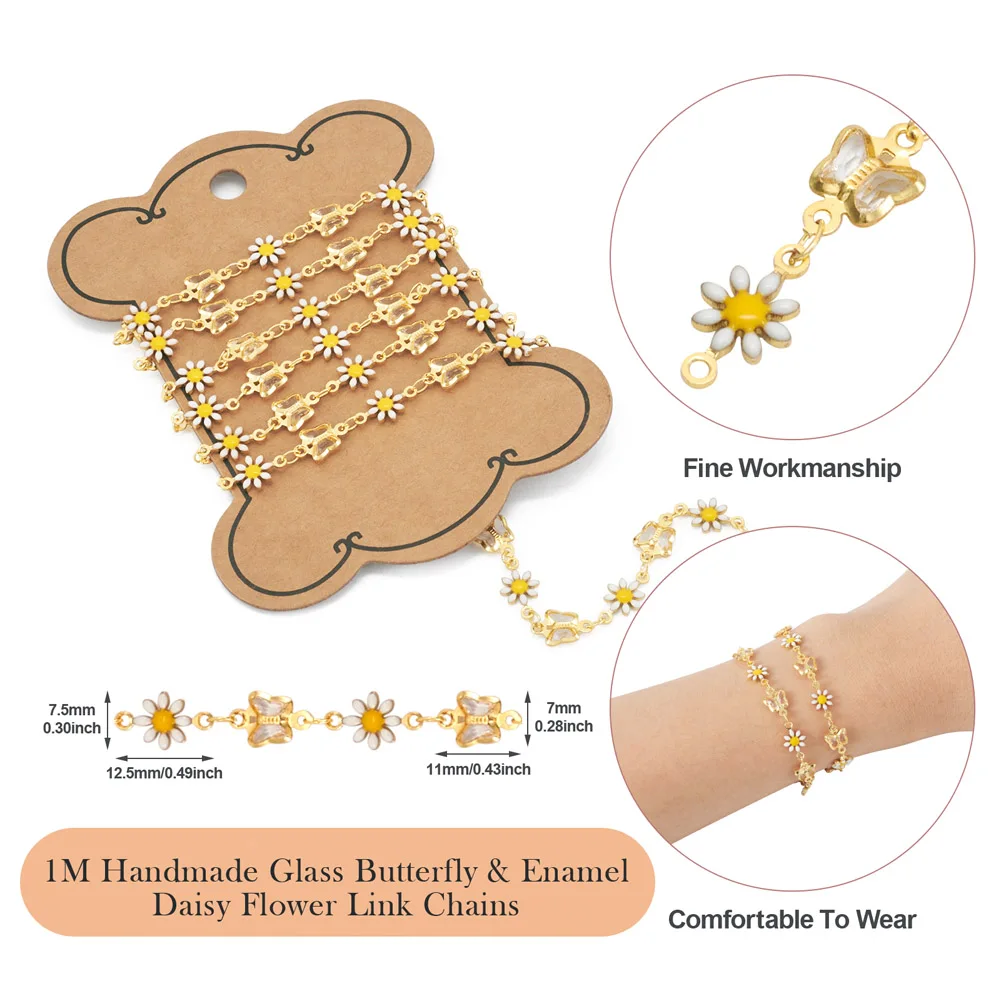 1m Gold Color Brass Handmade Link Chains Enamel Heart Butterfly Daisy Flower Beaded Chains for DIY Bracelet Necklaces Finding