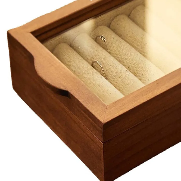 صندوق مجوهرات تخزين خشبي من الخشب الصلب صندوق مجوهرات عتيق خاتم كتان مقاوم للغبار