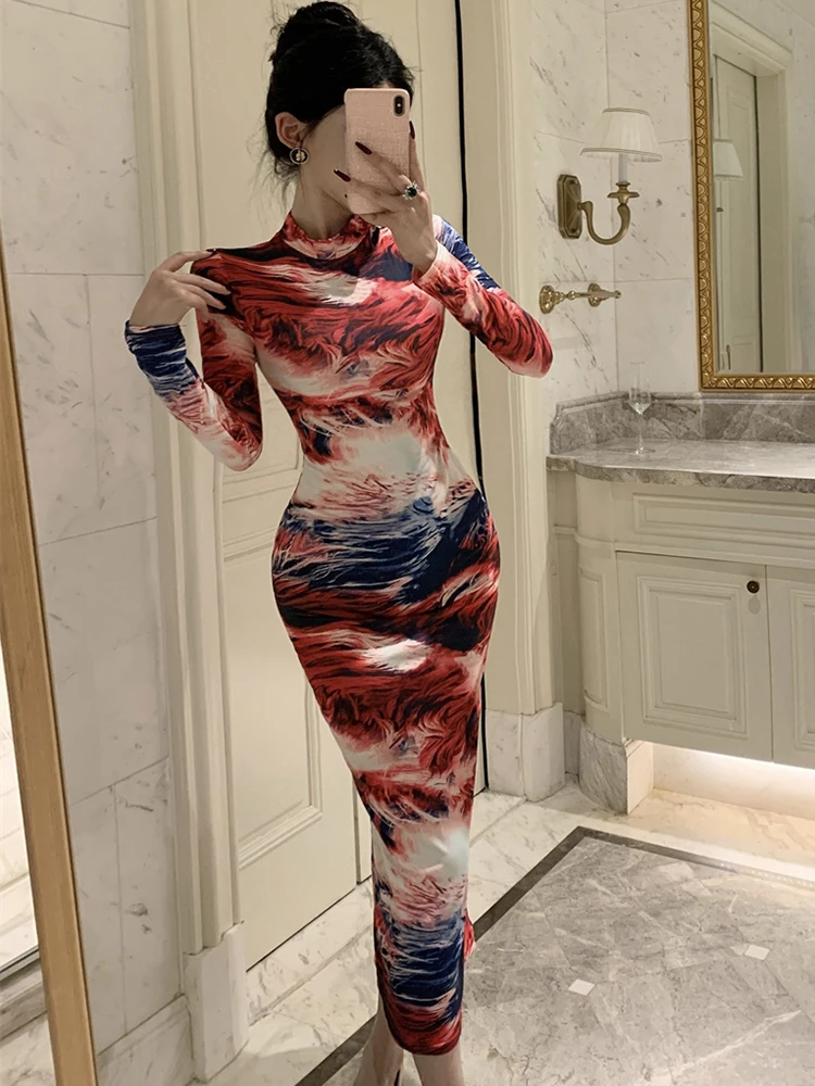 Vestido de manga larga con estampado degradado a la moda para mujer, vestido largo informal elegante para otoño e invierno, vestido de fiesta ajustado coreano para Festival 2025